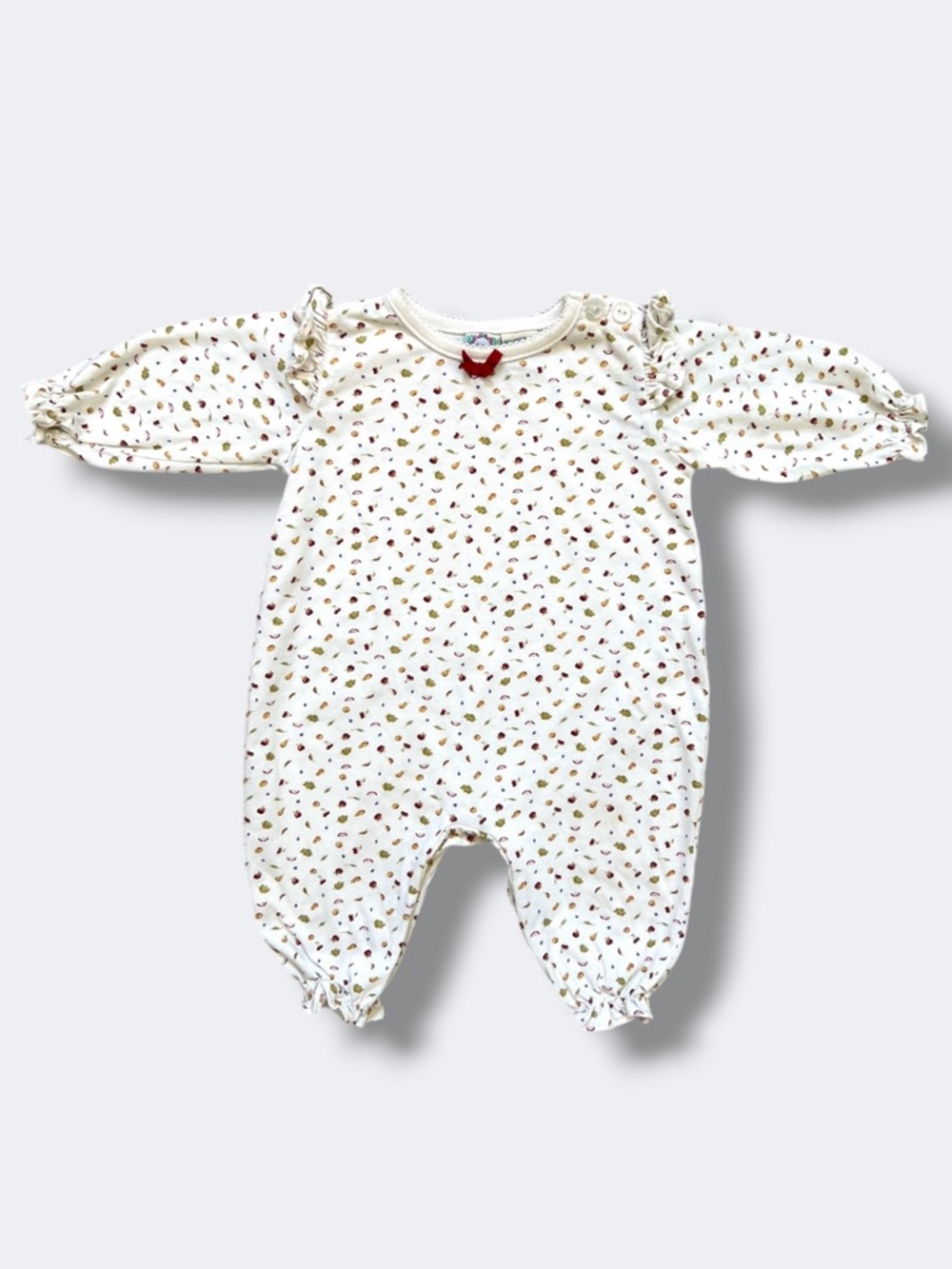 🌻3/$25 Vintage Little Lindsey Baby Romper Fruit Print Ruffle Ivory 0-6M